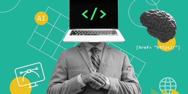 Businessman with a laptop head showing coding symbols and AI elements.