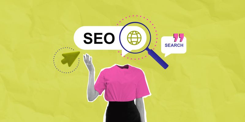 Abstract SEO search concept with a faceless person, magnifying glass, and web icons on a textured yellow background, symbolizing internet technology