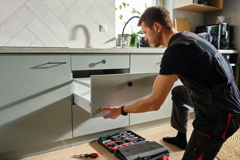 Man assembling kitchen drawer in modern cabinet using screwdriver. Handyman installing and adjusting drawer slide mechanism in contemporary kitchen. Furniture installation