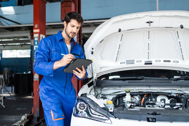 mechanic engineer man in uniform works with broken electric car. .electric car's hood while working in a workshop. Conception of car service. Fixing electric vehicle. EV.Mechanic checking car battery voltage in  repair service.