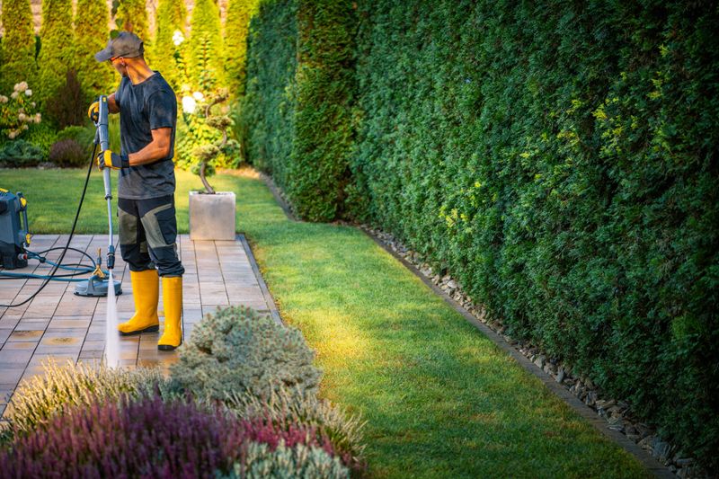 A man dressed in work attire and yellow boots trims the grass in a well-maintained garden. The lush greenery and vibrant flowers create a tranquil atmosphere in the afternoon sun, showcasing his dedication to outdoor care.