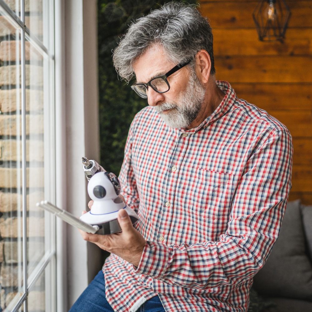 Man examining a security camera near a window.