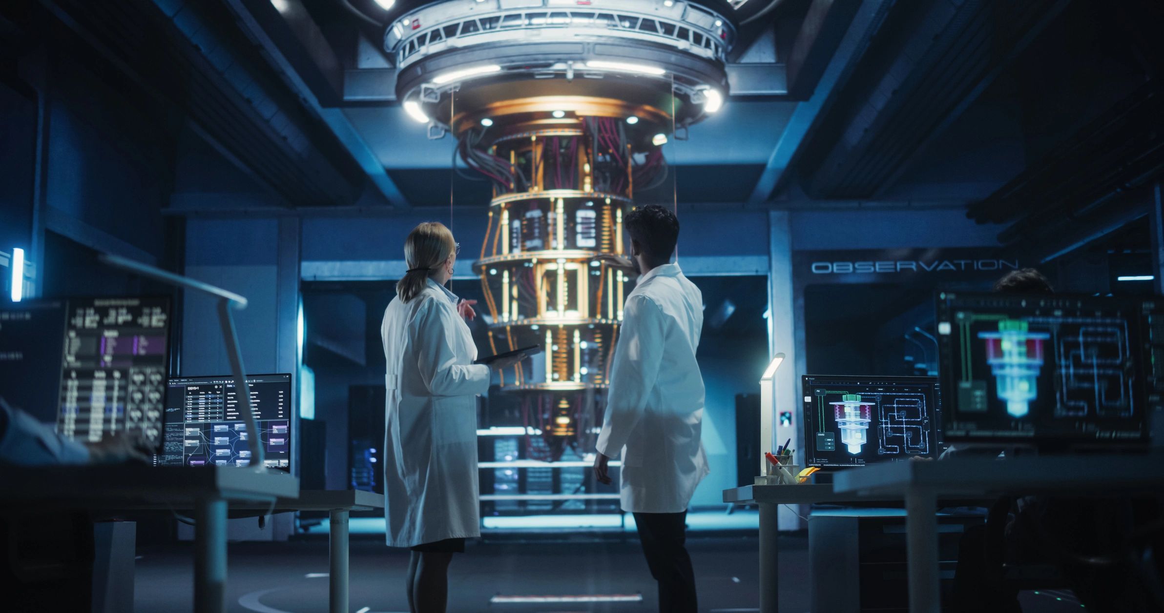 Two researchers examine a glowing anomaly containment device in a dark laboratory.