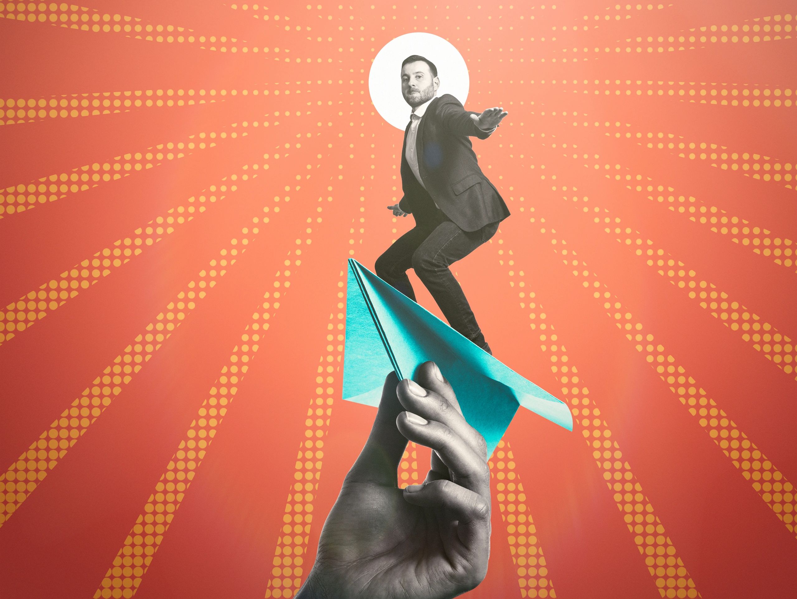Man surfing on a paper airplane with a vibrant orange background.