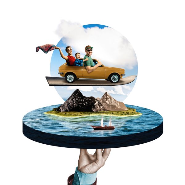 Family joyfully driving a car on a giant spoon above a miniature island and sea model.