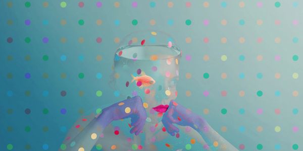 A surreal image of a person with a fishbowl head and a goldfish inside.