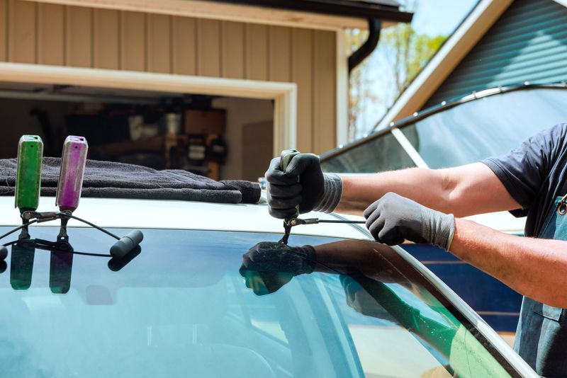 Technician works diligently on car windshield remove old in garage, using tools to ensure precise replaces