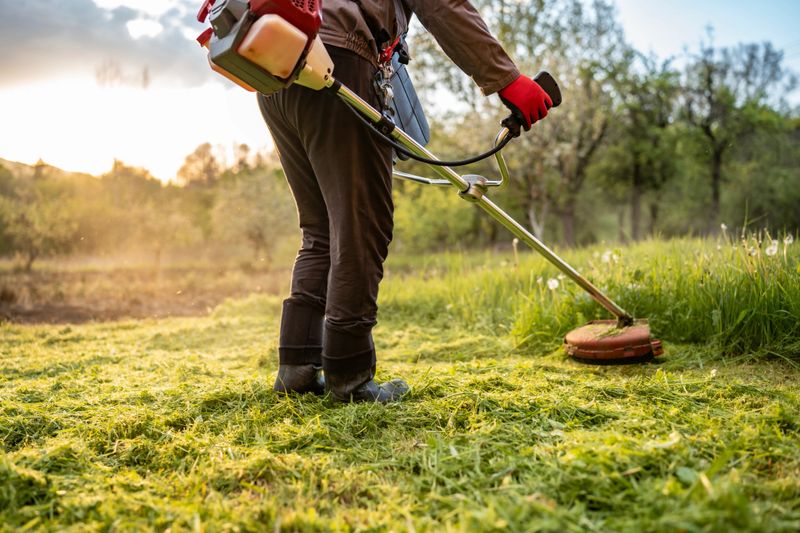 A person wearing protective gloves operates a grass trimmer in a green yard on a sunny day, maintaining a well-manicured lawn amidst natural outdoor surroundings, showcasing diligent landscaping work.