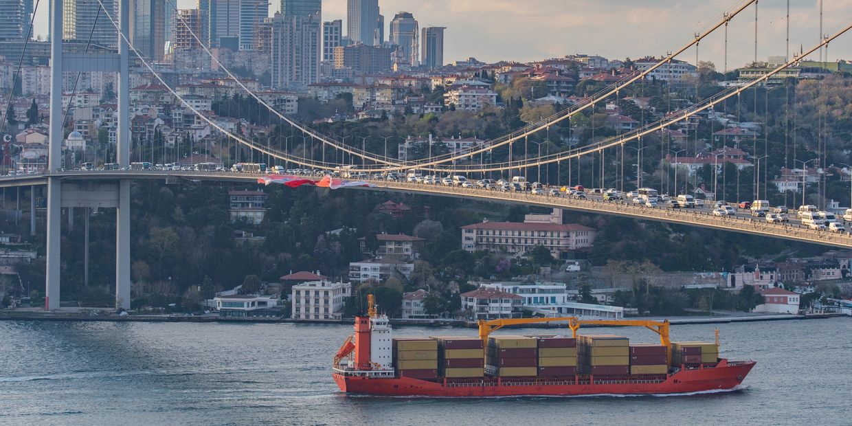 İstanbul Boğazı'nda konteyner gemisi ve köprü manzarası.