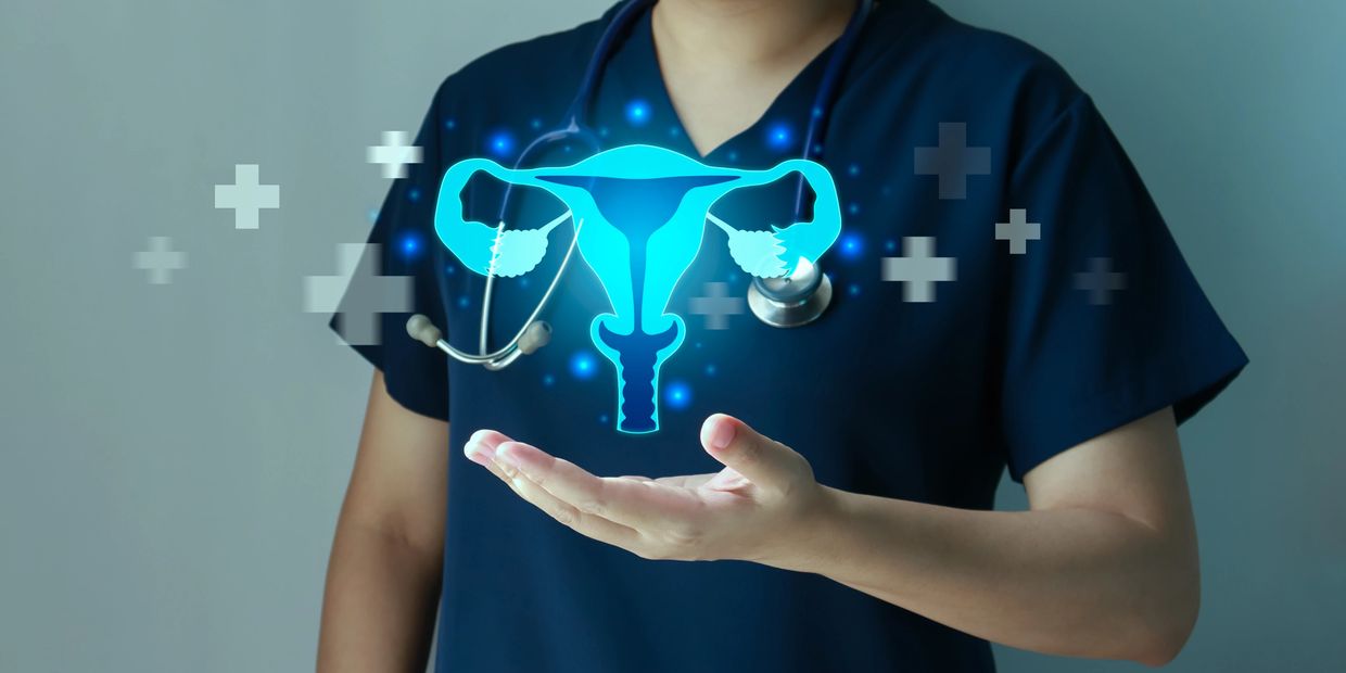 Healthcare professional presenting uterus hologram.