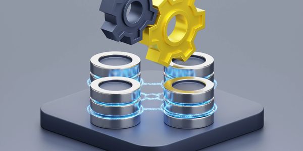 3D illustration of interconnected database cylinders with floating gears on top.