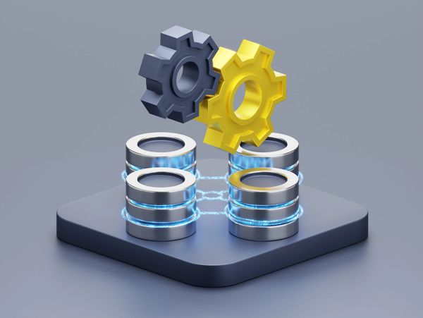 3D illustration of interconnected database cylinders with floating gears on top.