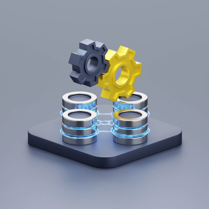A 3D illustration depicting gears and cylindrical databases, symbolising connectivity, technology, and data automation in a modern digital environment.