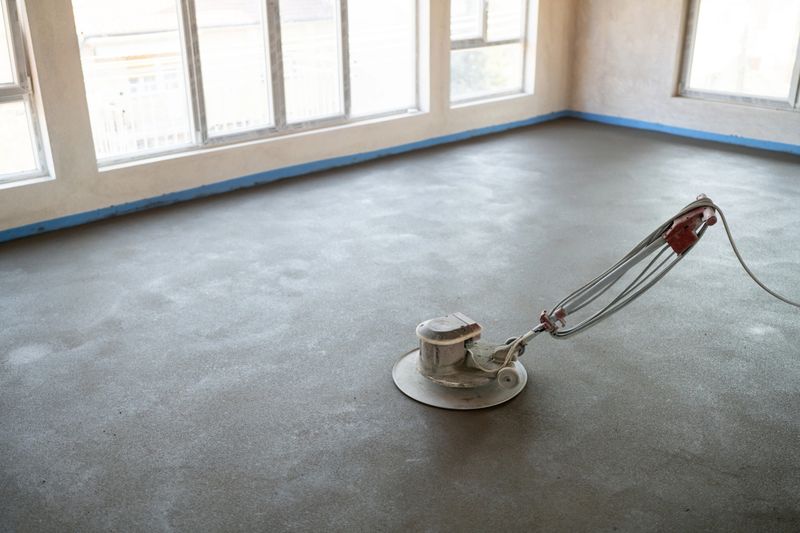 A power trowel finishing a concrete floor in a bright under-construction room with large windows.