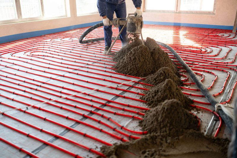 A construction process involving dry leveling screed application over a built-in underfloor heating system, demonstrating advanced floor installation technologies and techniques.