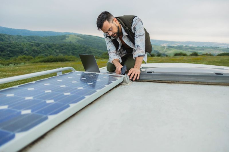 Technician is installing a solar panel on the roof of a camper van, using a laptop for guidance in a picturesque natural setting, showcasing sustainable energy solutions for mobile living