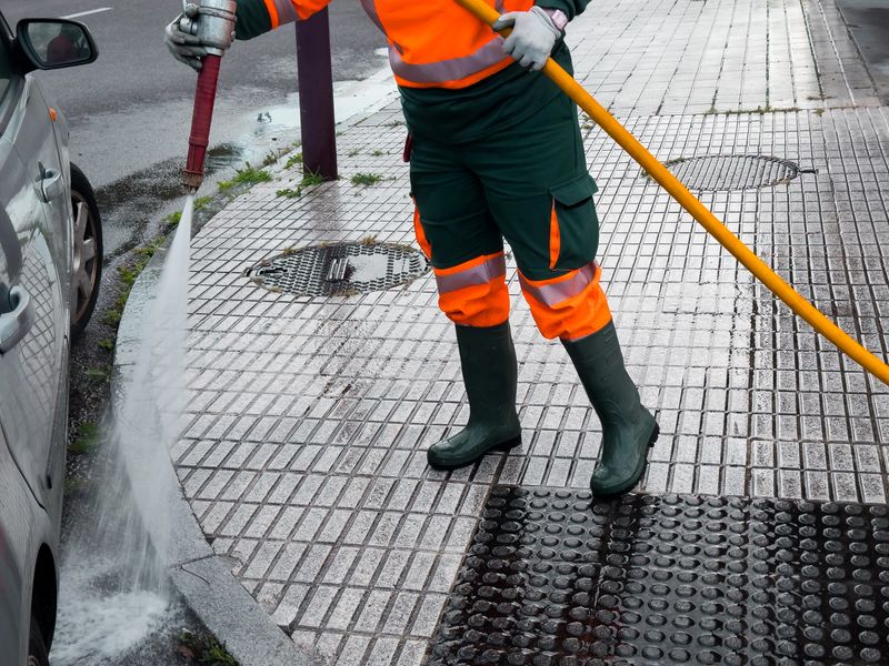Municipal worker in high visibility gear cleaning pavement with hose on a rainy day.