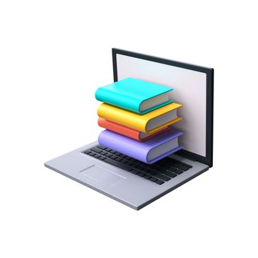 Stack of colorful books emerging from a laptop screen.