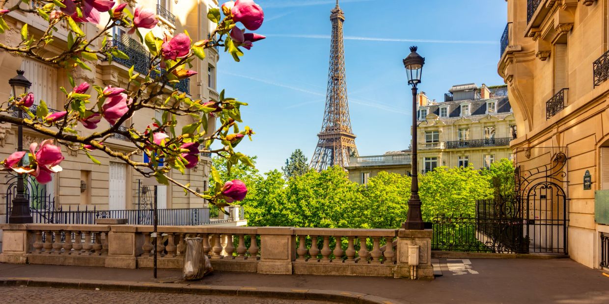 Eiffel Tower with blooming flowers and Parisian buildings on a sunny day, paris tour packages, effel tower, europe tour packages, paris and swtizerland holiday packages, paris sightseeing