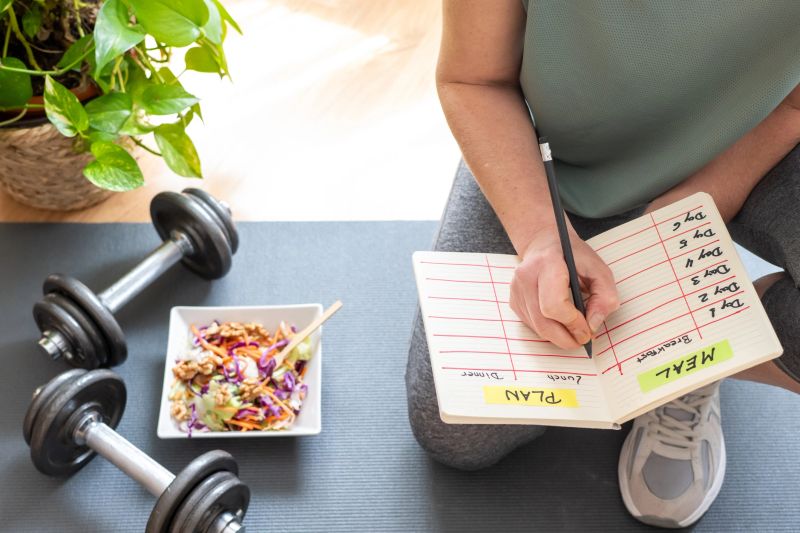 Mature woman writing down her healthy meal plan after a workout session at home, with dumbbells and a fresh salad nearby, promoting a balanced lifestyle