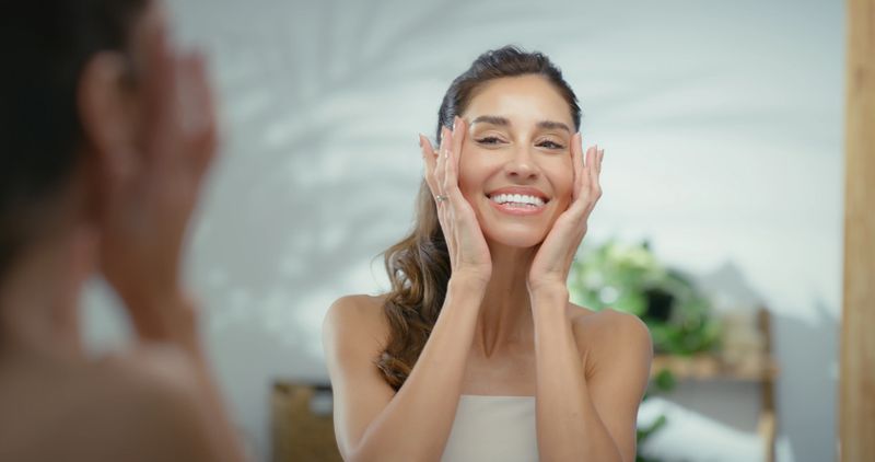 Skincare, beauty and woman by mirror in bathroom for natural, moisturizing or hydration routine. Happy, reflection and female person with cosmetic facial treatment for dermatology in apartment.