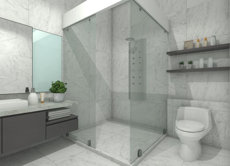 Modern 3D bathroom interior design with sink cabinets and storage drawers, a mirror panel, a toilet, and shower area.