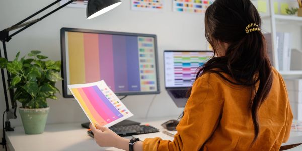 Designer reviewing color charts at desk.