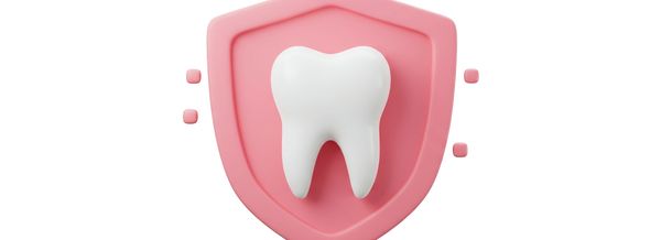 3D tooth on pink shield symbolizing dental protection.