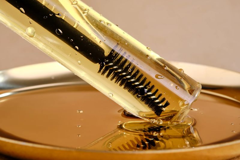 Bottle with brush filled with oil for eyebrow and eyelash growth. Texture. High quality photo.
