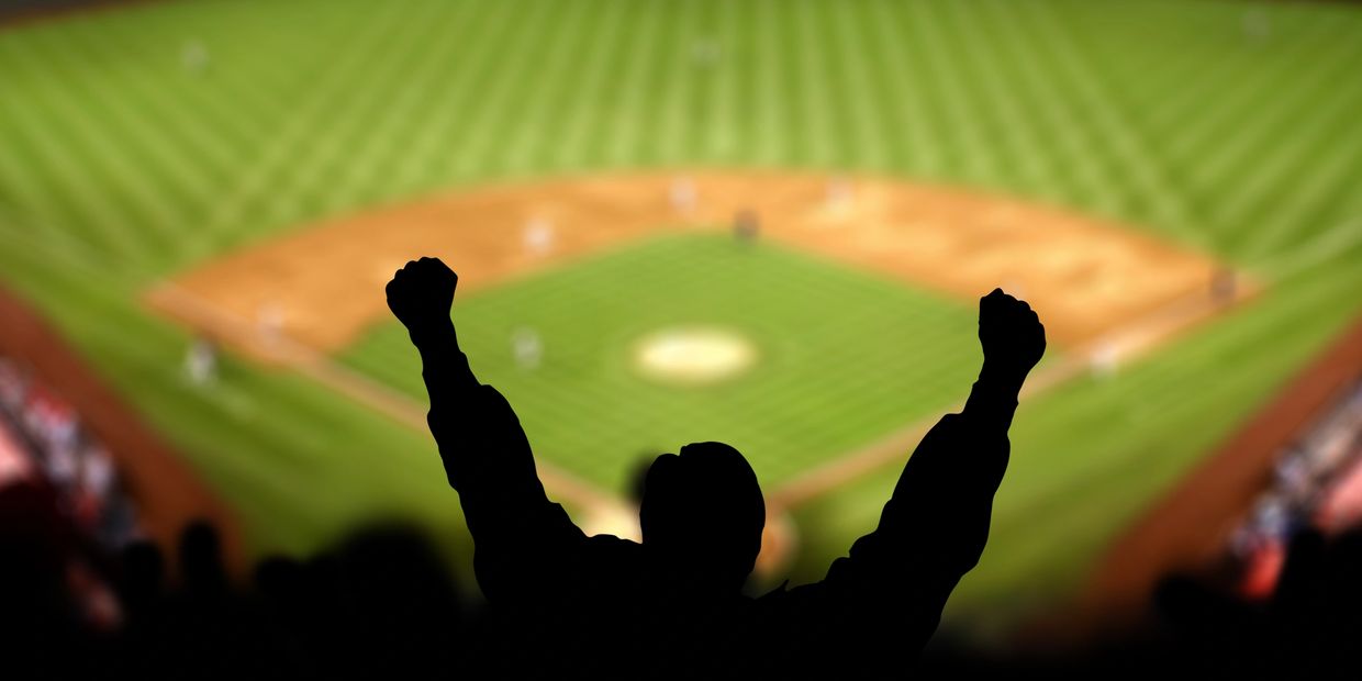 Silhouette of a cheering fan at a baseball game.