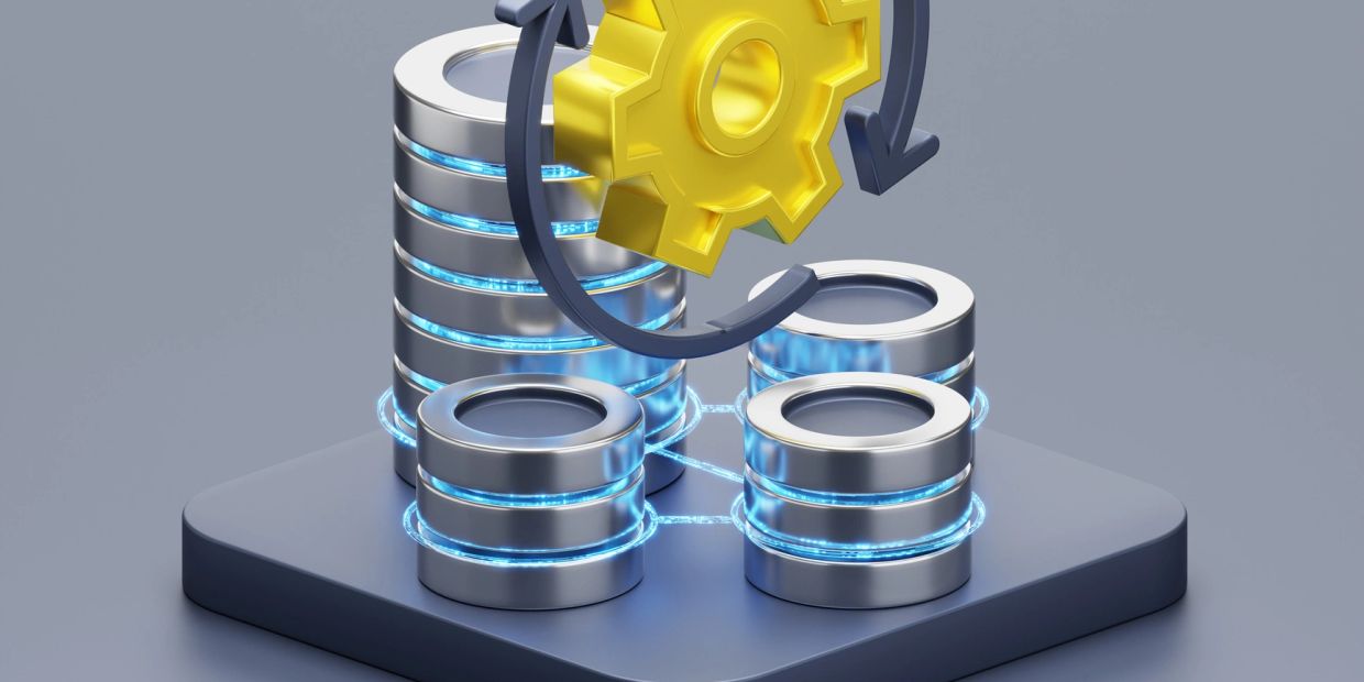 3D illustration of interconnected server databases with a gear and refresh symbol above.
