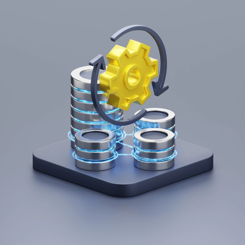 Illustration of interconnected disk storages with a gear symbol representing technological automation concepts in data processing and management, showcasing efficiency and modernization in IT infrastructure and operations.
