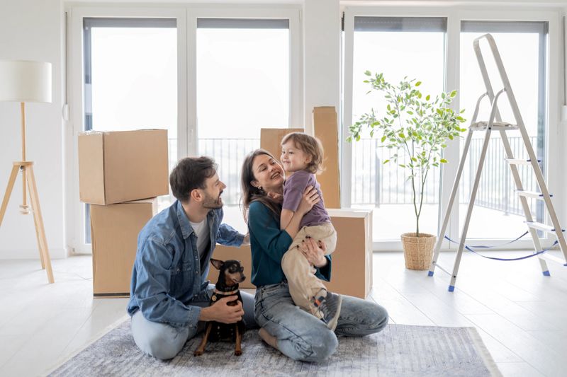 Happy Family Standing with Moving Boxes In New Home