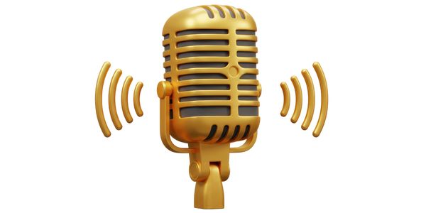 Golden vintage microphone with sound waves on white background.