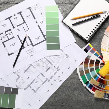Architectural plans with color swatches and drawing tools.