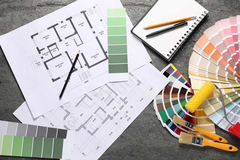 House plans and different decorator's tools on grey table, flat lay