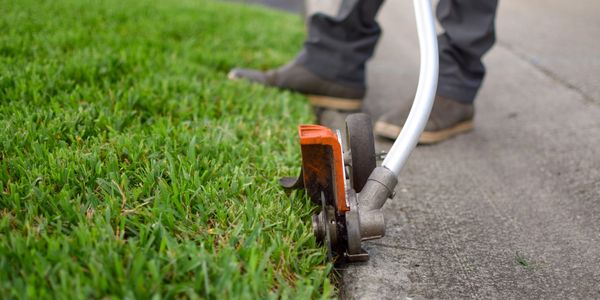 Person trimming grass along a concrete edge with a string trimmer.
