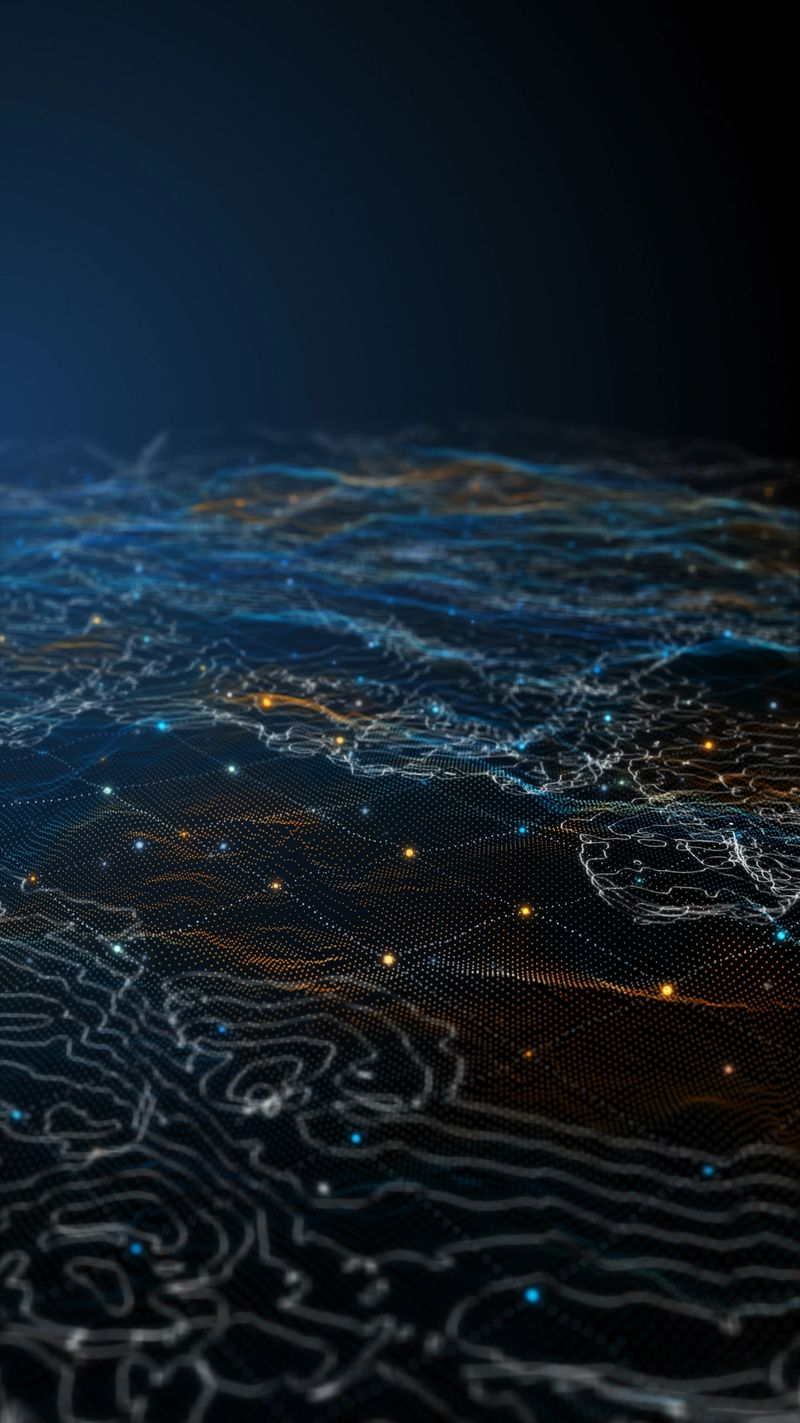 Abstract digital data landscape with glowing particles and dynamic lines on a dark background, 3d animation.