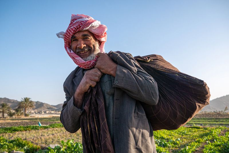 A smiling farmer, dressed in traditional clothing and a red and white keffiyeh, carries a large bundle over his shoulder while standing in a lush green field under a clear blue sky, with distant mountains and palm trees in the background