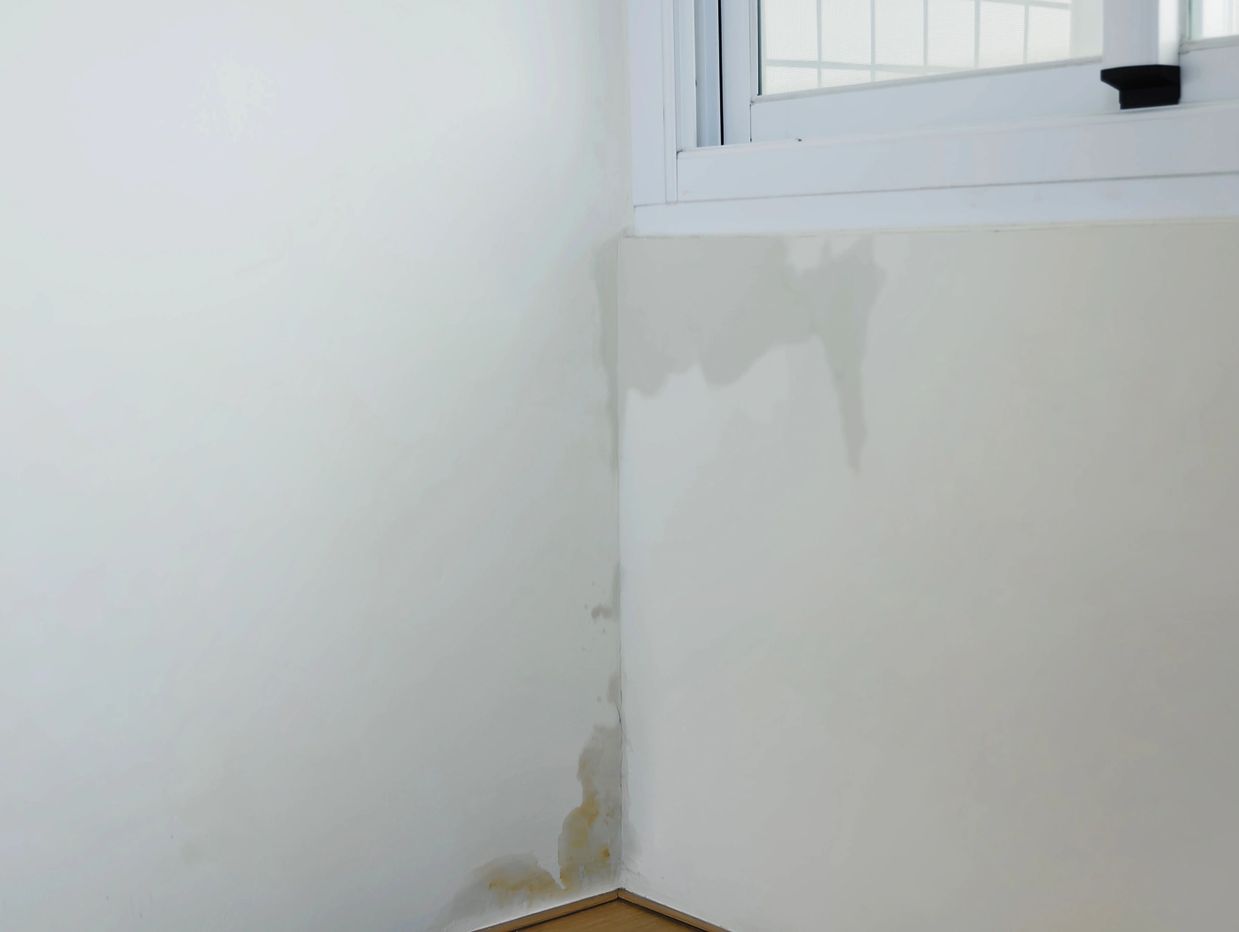 Water damage stains on a white wall corner near a window.