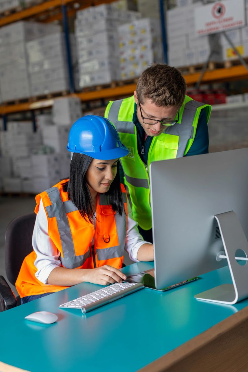 A young female forklift operator, wearing a blue hard hat and an orange reflective vest, sits at a desk, looking at a computer screen. She is joined by a young male warehouse worker, wearing a bright green reflective vest, who stands behind her, pointing at the screen and discussing the data. Their expressions show teamwork and concentration as they review or collaborate on warehouse operations. In the background, a forklift is seen moving between shelves filled with boxes, further emphasizing the industrial and busy nature of the warehouse environment.