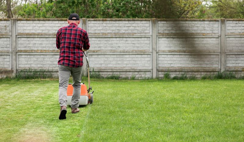 view of man in casual clothes mows lawn with lawn mower at backyard of his house. Husband takes care of garden on spring cloudy day. Modern gasoline garden equipment. Landscaping work.