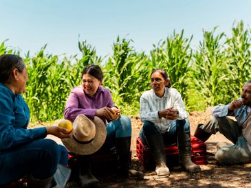 Farmers sitting and chatting in a field, taking a break from work.