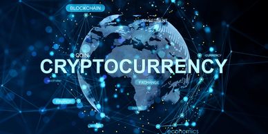 Digital globe highlighting cryptocurrency and related financial terms.