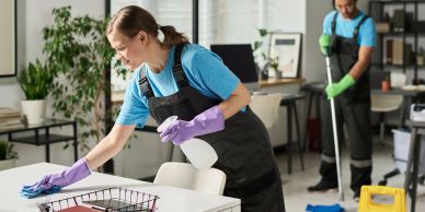 Two people cleaning an office space.