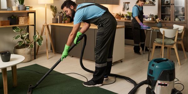 Two men cleaning a modern kitchen and living room.