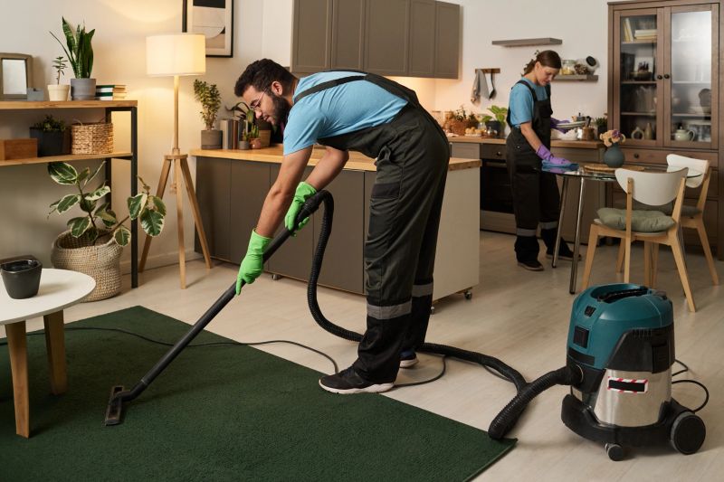 Man in uniform vacuuming carpet with vacuum cleaner together with his colleague wiping dust in background