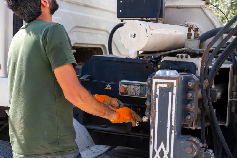 Man wearing casual clothing operates hydraulic machinery attached to a white utility truck outdoors, emphasizing work, equipment maintenance, and industrial environments