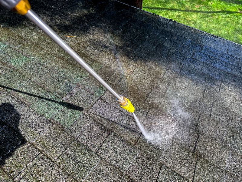 A pressure washer is being used to clean the roof of a house on a clear day. Water sprays over the shingles, effectively removing dirt and debris from the surface