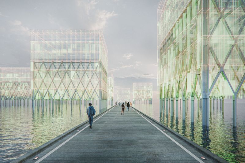 People walking on pier with modern futuristic buildings. 3D generated image.